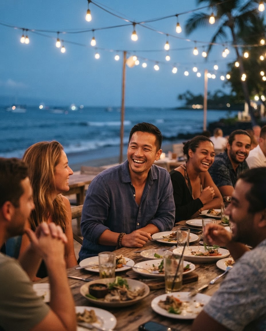 A man laughing warmly with fellow divers at an outdoor beachside dinner table at dusk