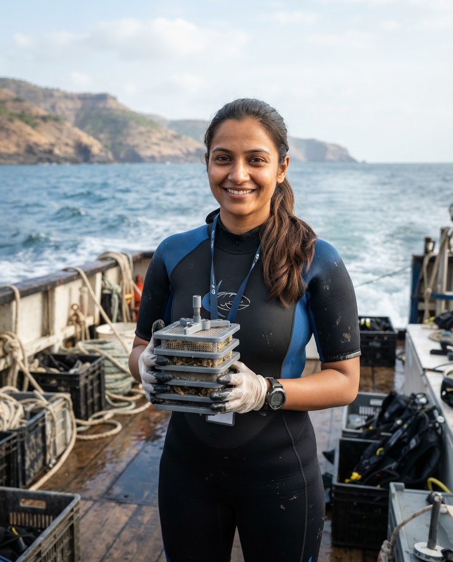 An Indian marine biologist on a boat deck holding a small reef monitoring device
