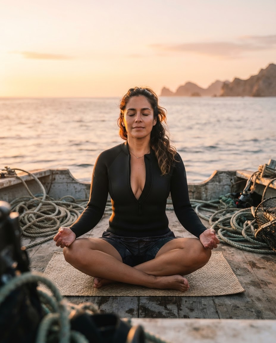 A wellness coach sitting cross-legged at sunrise in a breathwork pose, wetsuit half-zipped