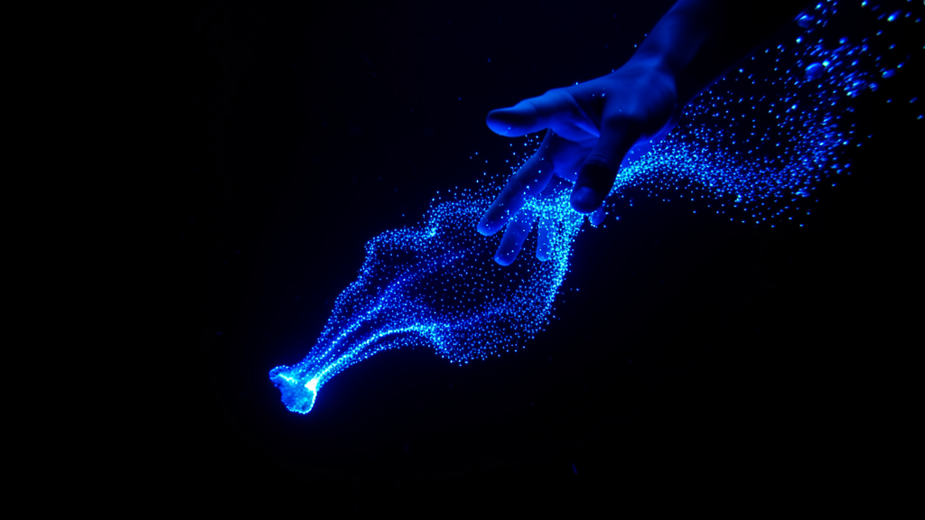 Bioluminescent blue glow in dark ocean water, a diver's hand moving through the water creating a trail of cobalt blue light from dinoflagellates