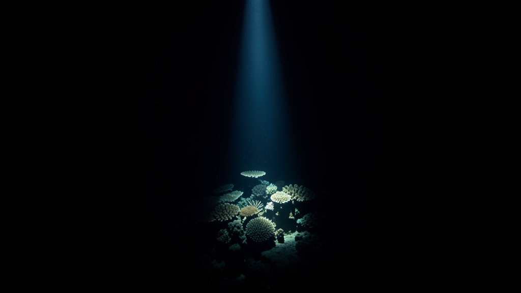 Underwater shot at night showing a narrow cone of dive light illuminating a small section of coral reef surrounded by infinite blackness