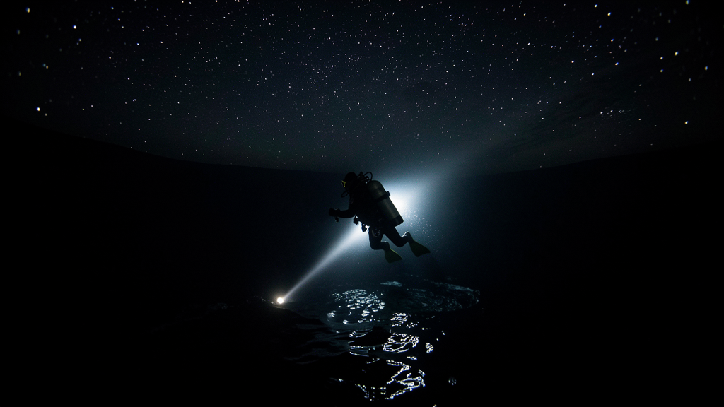 A scuba diver descending into dark ocean water at night with a single dive light beam cutting through the blackness, stars visible on the surface above