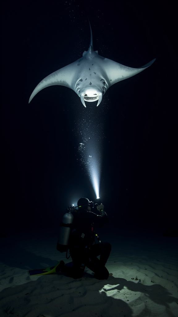 A diver kneeling on the sandy bottom at night aiming a dive light upward, a large manta ray materializing from the darkness above
