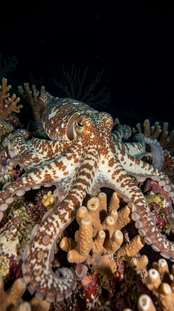 A common octopus hunting on a coral reef at night, its arms extended across the coral, skin changing color, dive light illuminating from the side