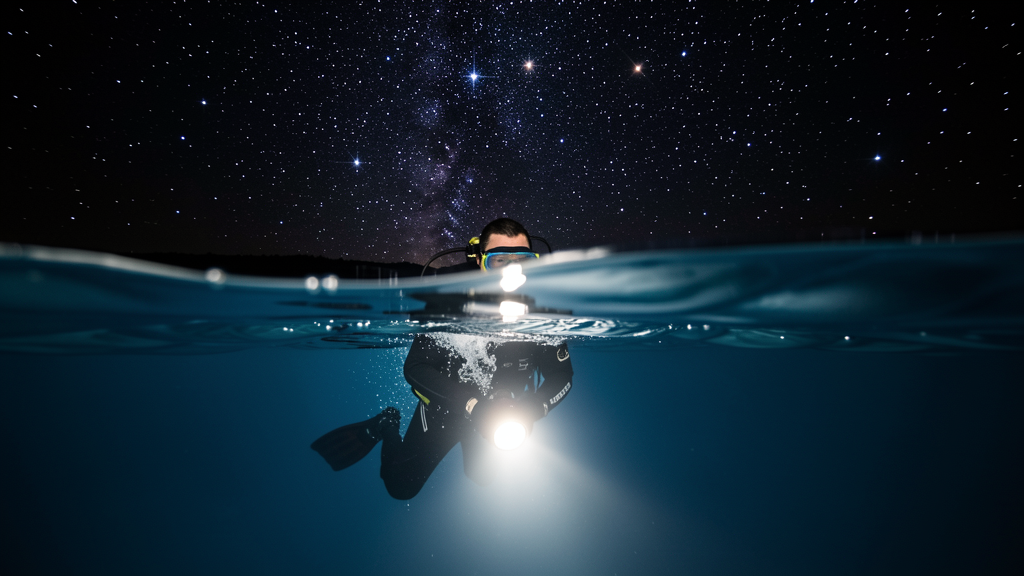 A scuba diver surfacing from a night dive, breaking through the water surface, dark starry sky above with brilliant stars, dive light illuminating from below