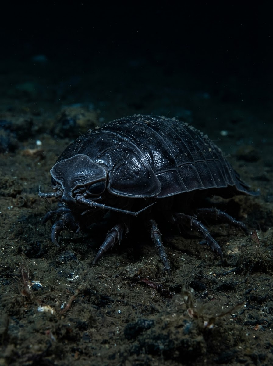 Close-up of the Darth Vader isopod, a supergiant deep-sea scavenger with an armored, helmet-shaped head