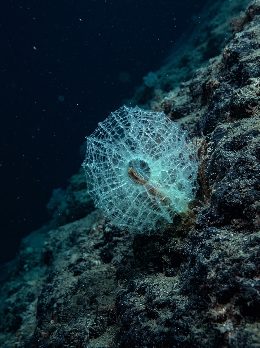 A polychaete worm living symbiotically inside the crystalline glass chambers of a deep-sea glass sponge