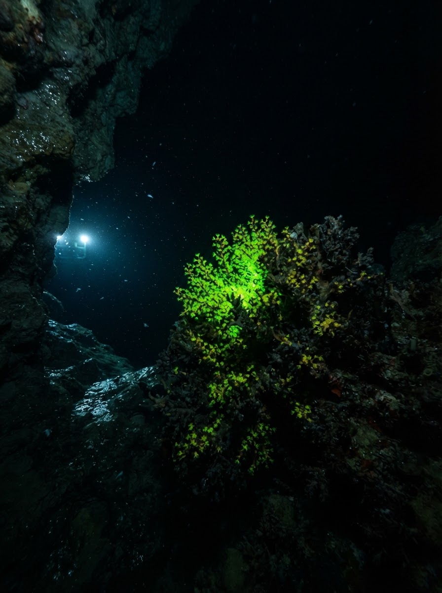 Tiny coral polyps glowing bright green inside a deep-sea cave, the first documented bioluminescent cave species