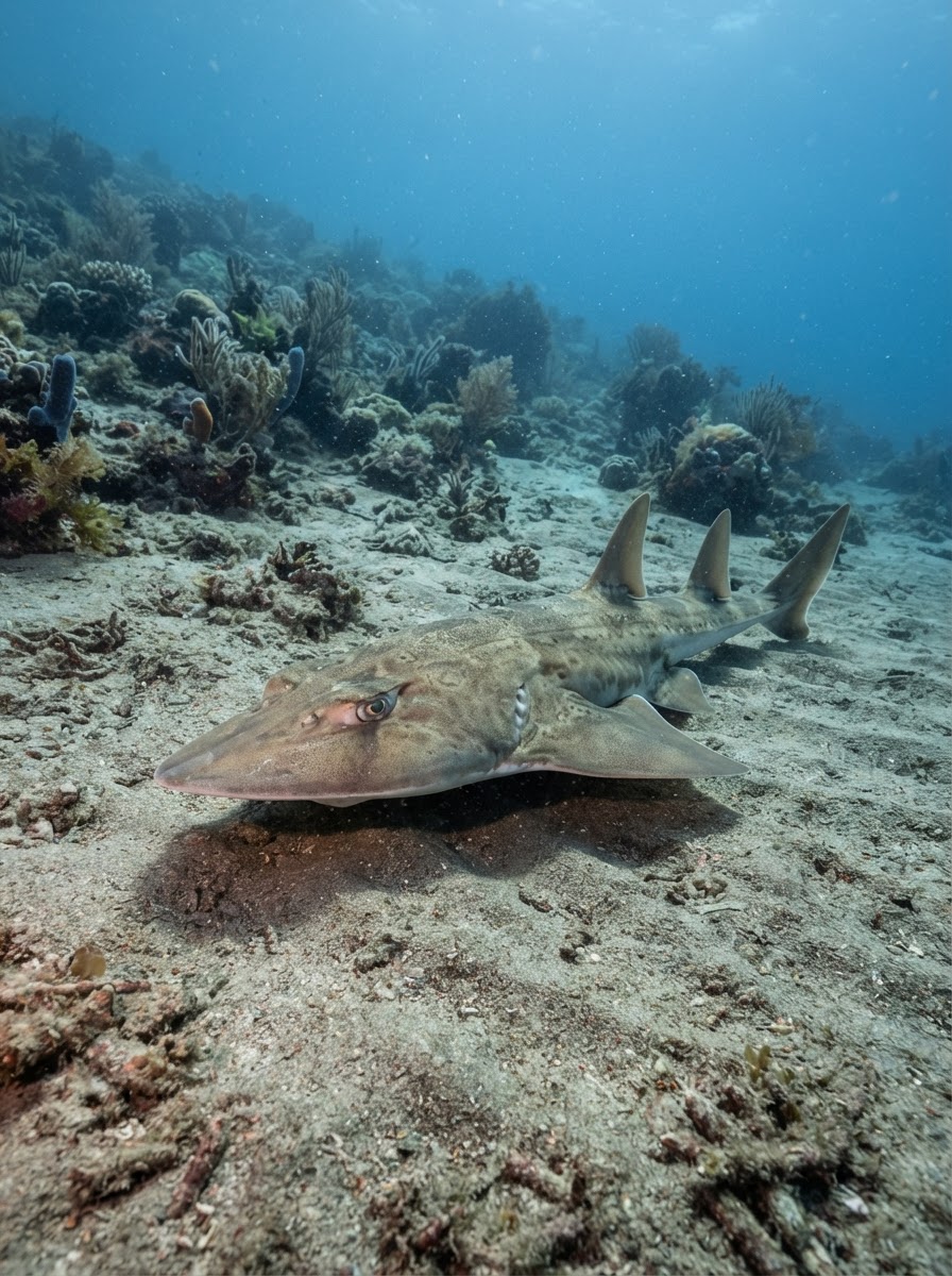 A guitar shark resting on the seafloor, the 38th known species in one of the most threatened shark and ray families on Earth