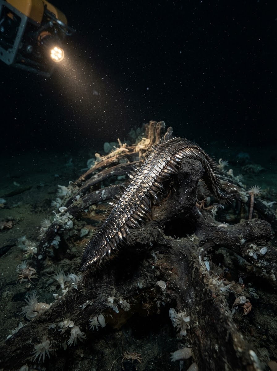 Iskra's Glitter Worm, a shimmering scaled polychaete living on a whale-fall skeleton on the deep ocean floor