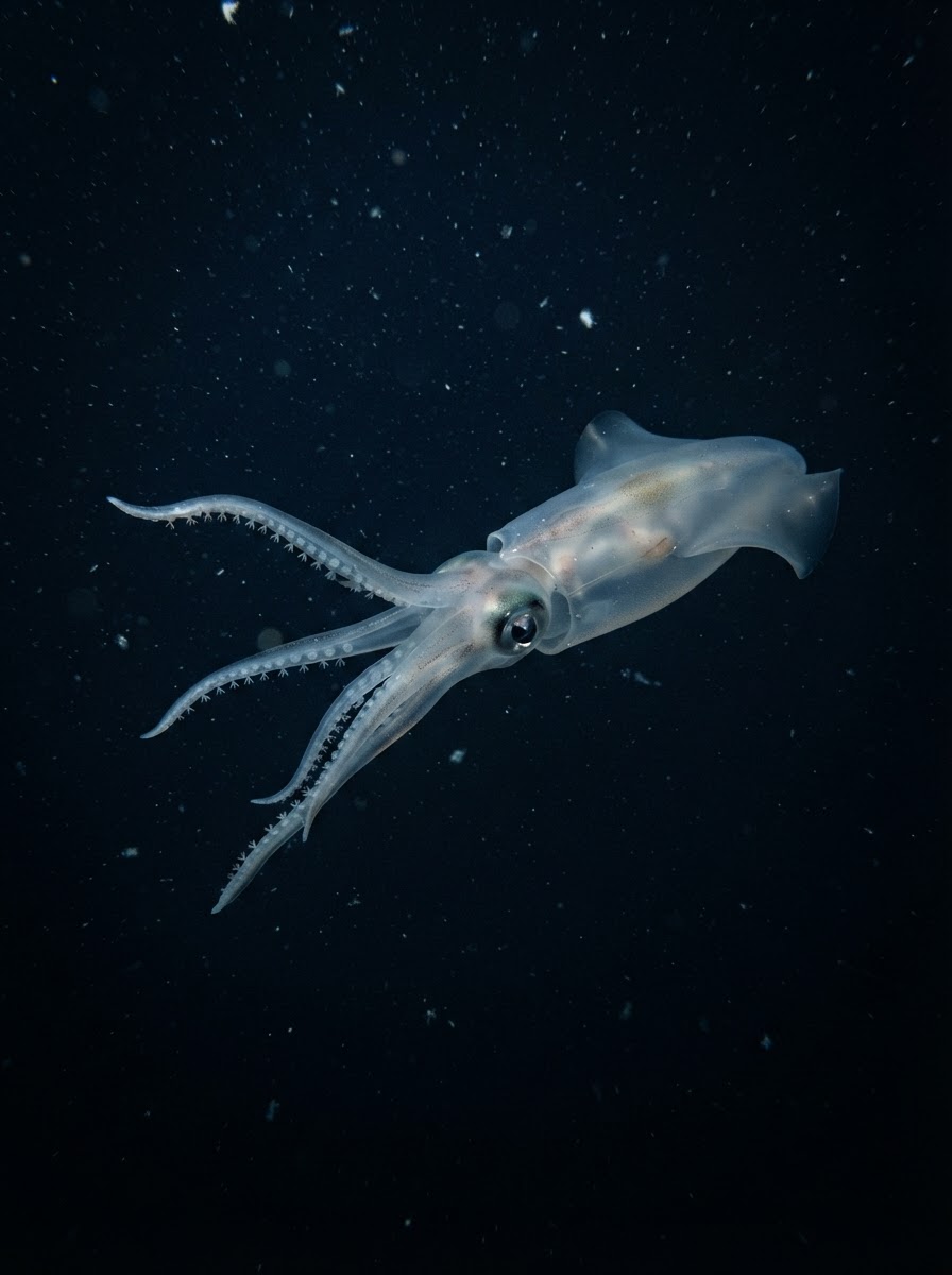 Poseidon's Squid, a pale ghostly deep-sea squid with trident-shaped arm hooks, representing an entirely new squid family