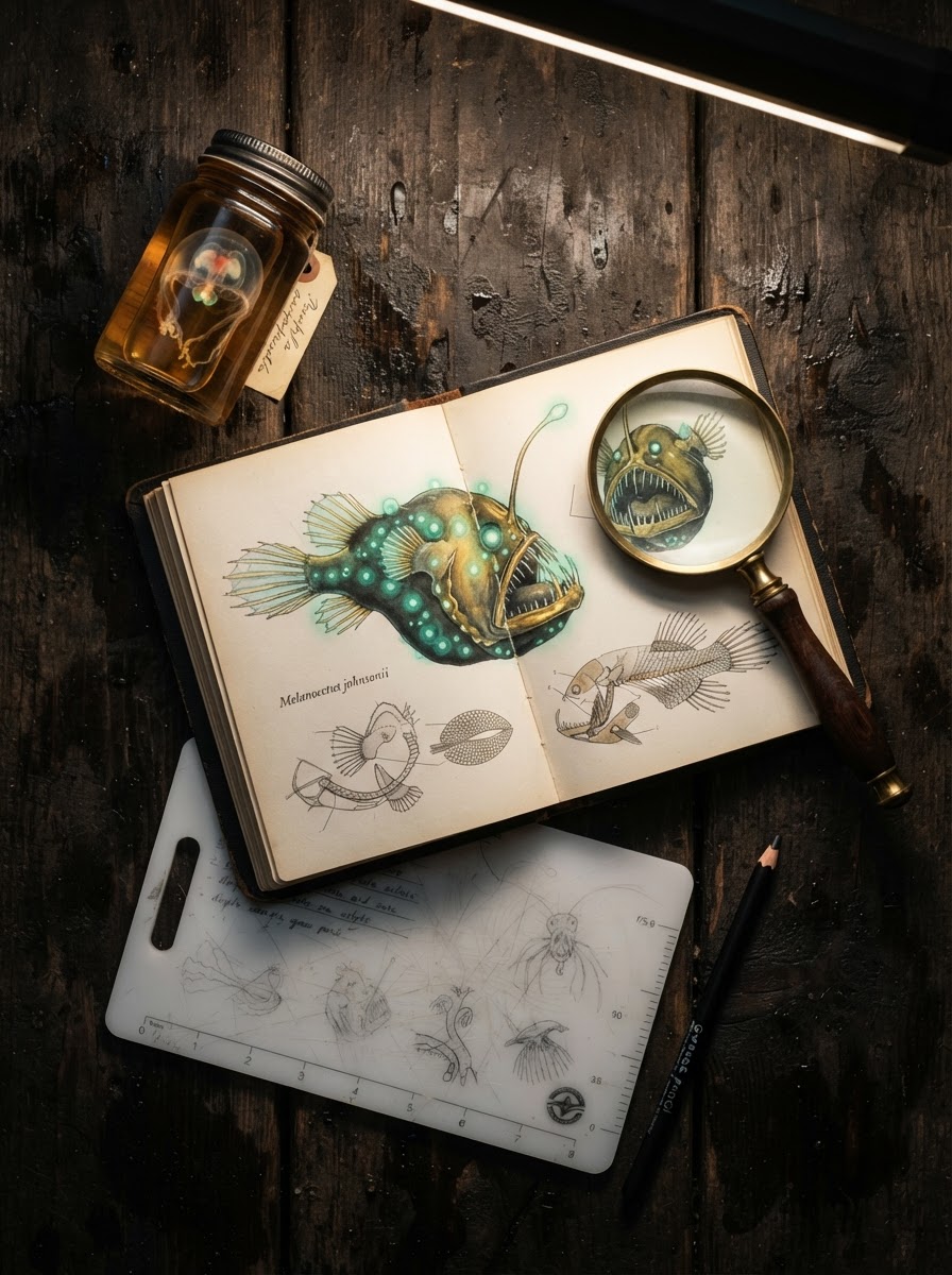 Flat lay of a deep-sea creature field guide, magnifying glass, and specimen jar arranged as a naturalist's field kit