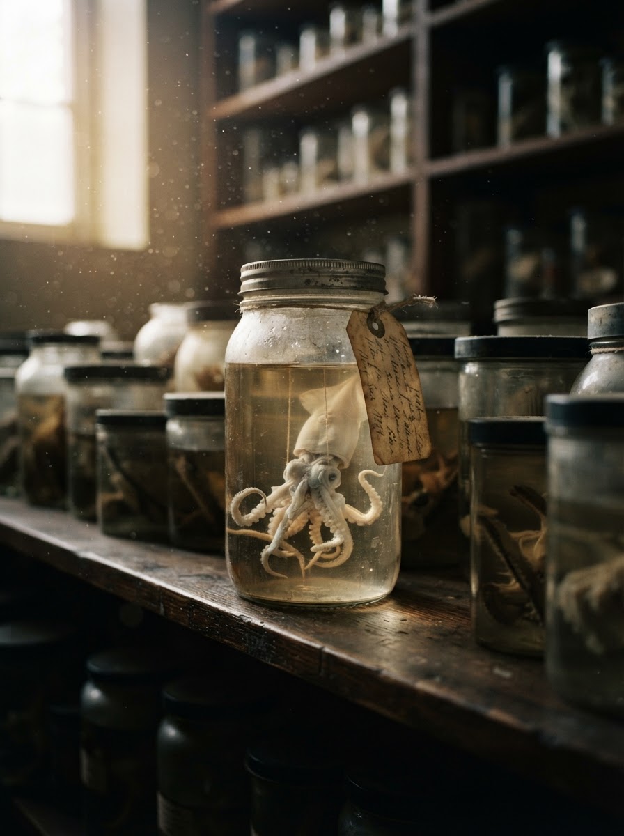 A preserved deep-sea squid specimen in a museum jar, waiting decades before scientists recognized it as an entirely new family