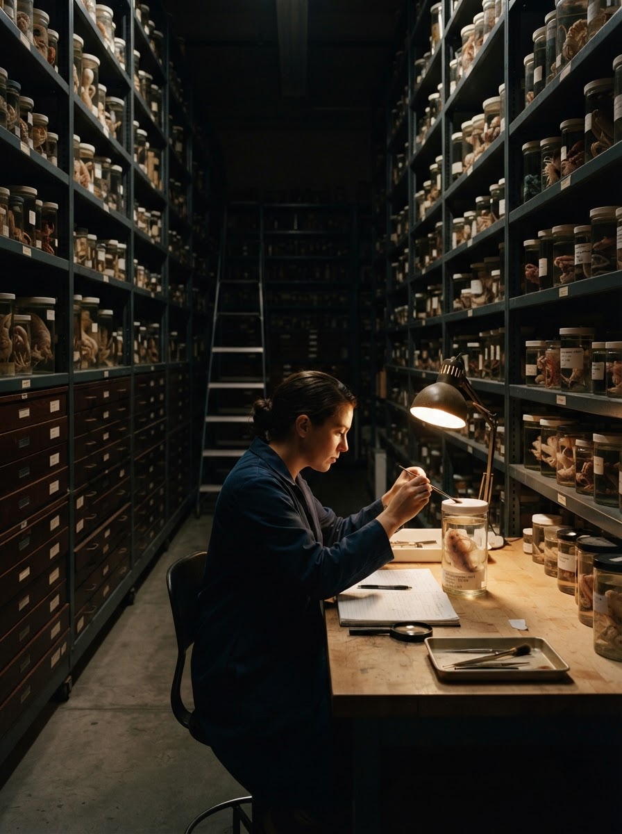 Rows of natural history specimen jars stretching into darkness, representing the thousands of ocean species still waiting to be described