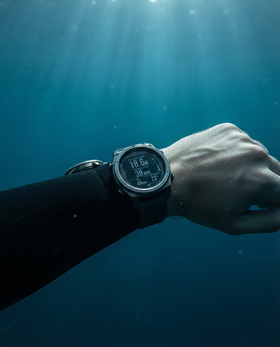 A dive computer glowing on a diver's wrist underwater against a background of peaceful deep blue sea