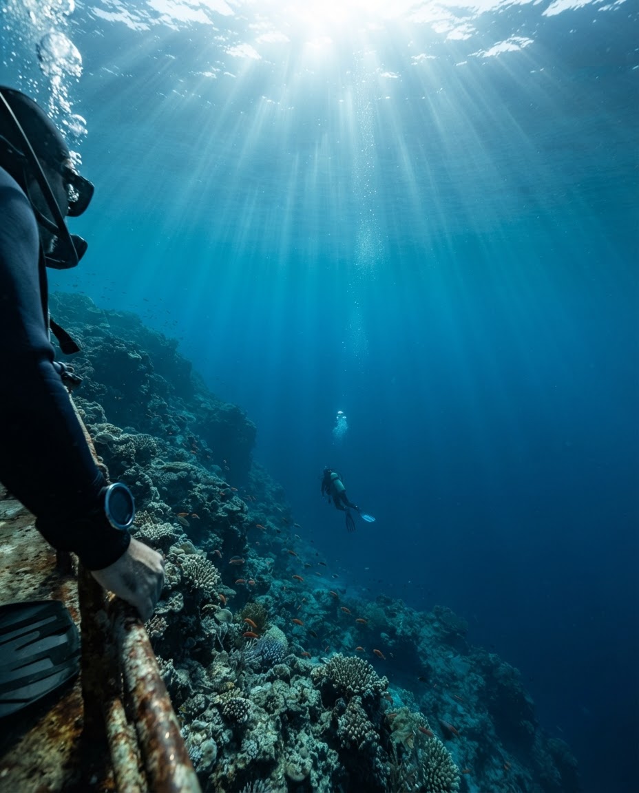 Diver's point-of-view looking down into serene blue ocean depths illuminated by sunbeams