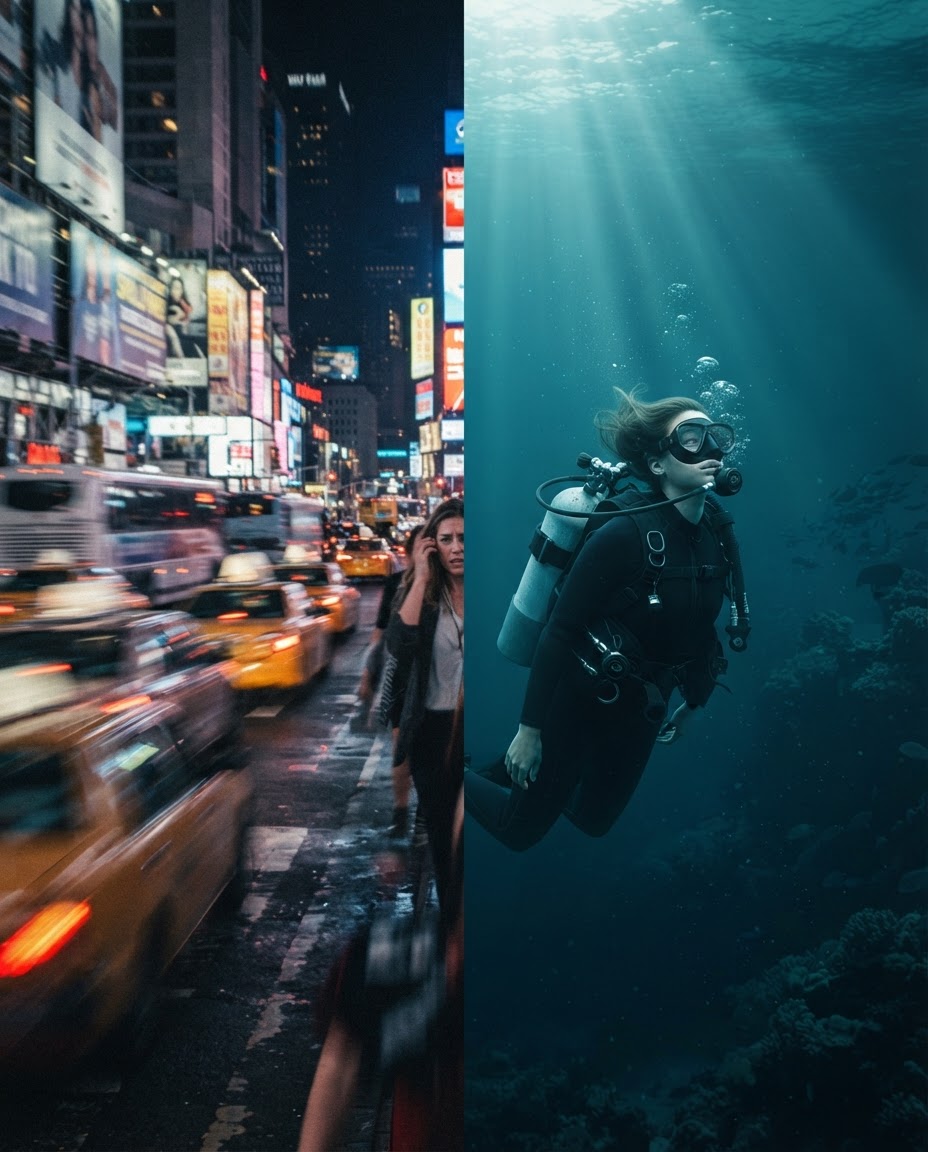 Split image comparing urban noise and city stress on one side with tranquil underwater ocean calm on the other