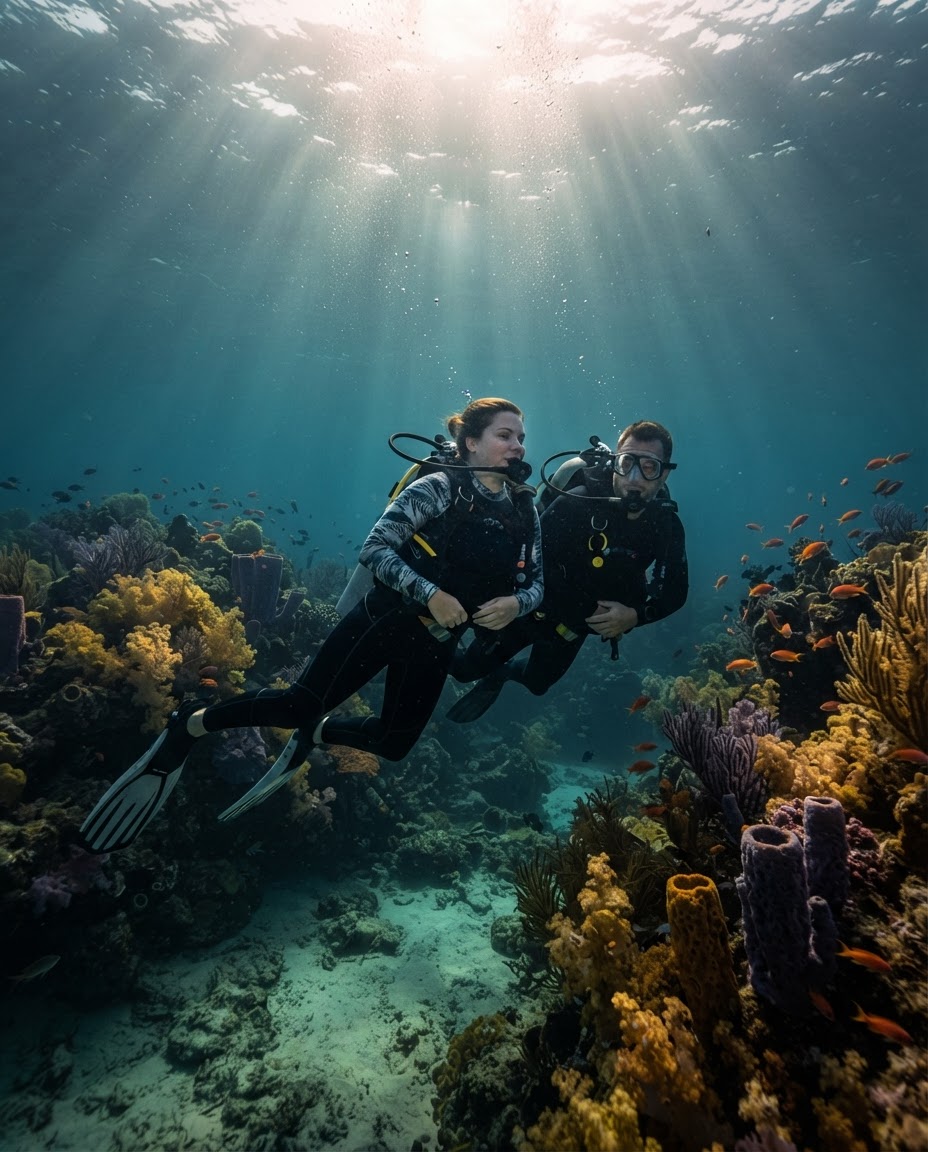 An adaptive scuba diver floating weightlessly in tropical ocean water alongside a supportive dive buddy