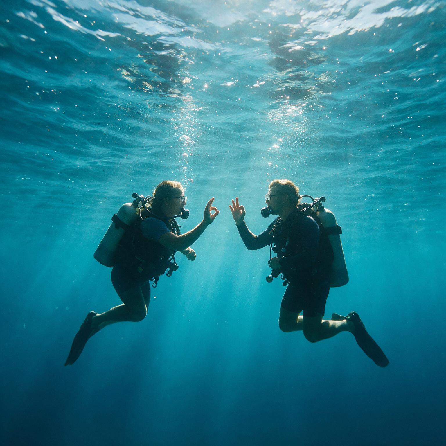 Two divers exchanging the OK hand signal underwater at safety stop depth, representing dive buddy trust and community