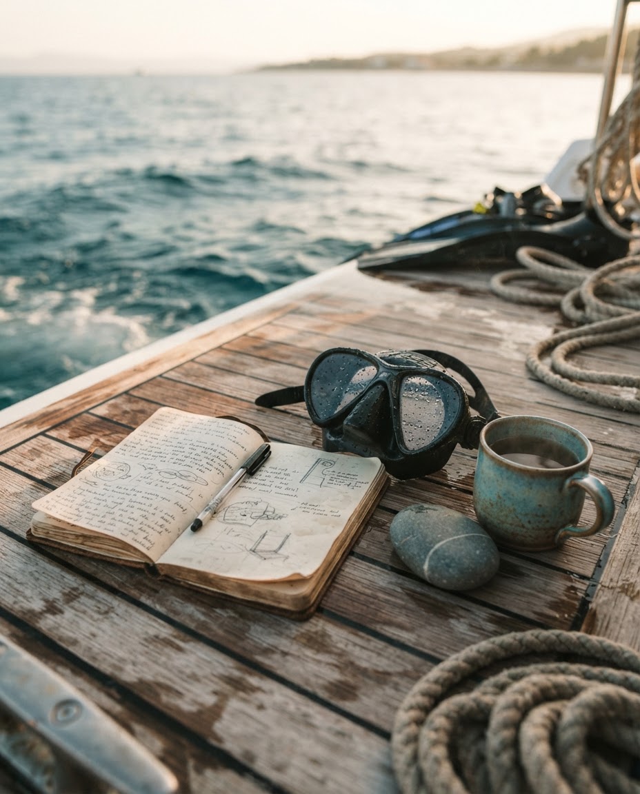 Flat lay of a waterproof journal, sea stone, dive mask, and coffee mug on a wet wooden boat deck for post-dive wellness reflection