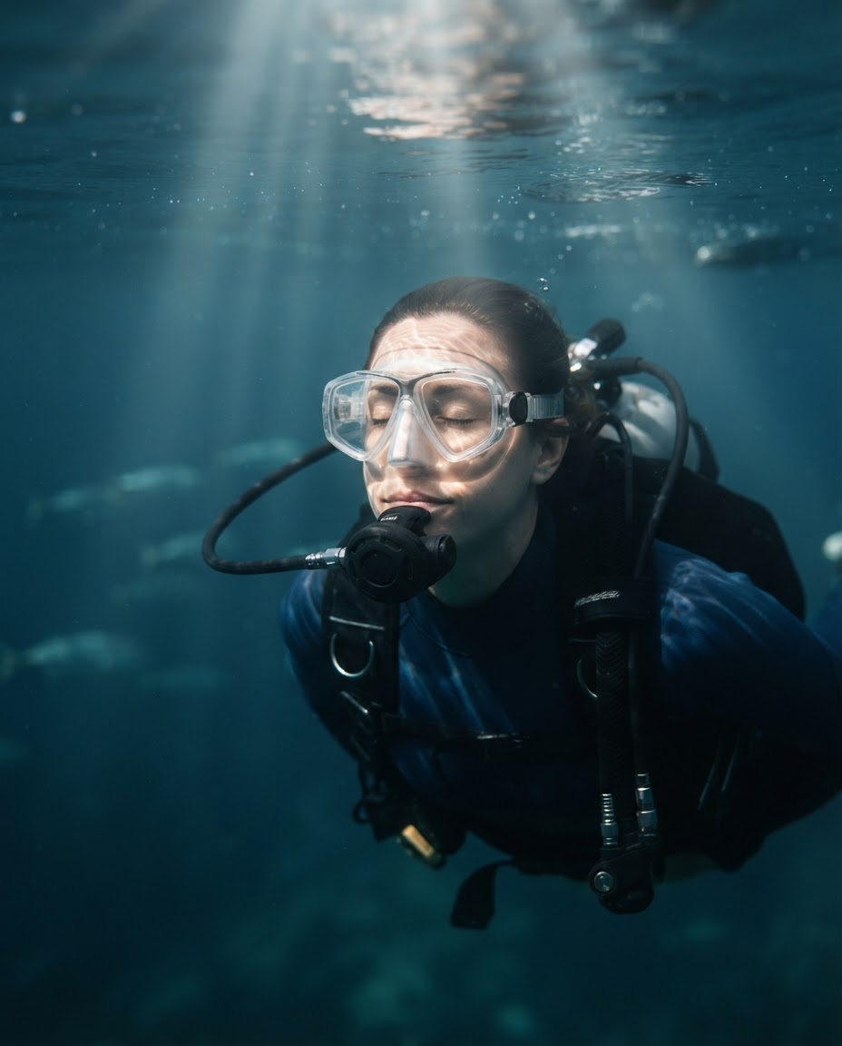 Close-up of a diver submerged near the surface surrounded by soft sunlight caustics, capturing the biology of underwater calm