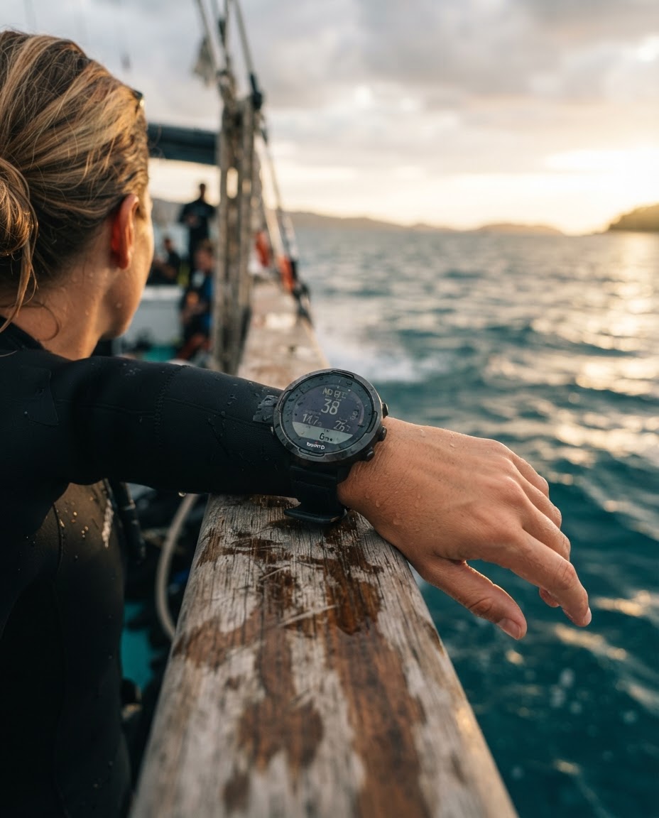 Close-up of a diver's personal dive computer worn on the wrist before entering the water