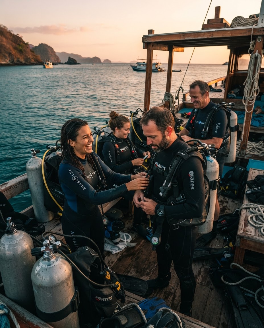 A small group of divers helping each other gear up on a boat deck at golden hour