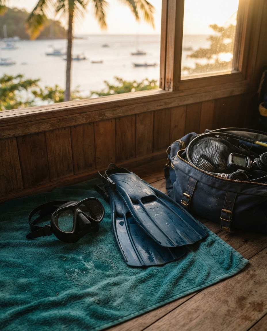 Close-up of a diver's personal mask and fins laid out next to a dive bag