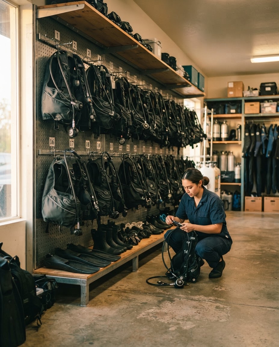A wall of rental BCDs and regulators hanging in a dive shop equipment room