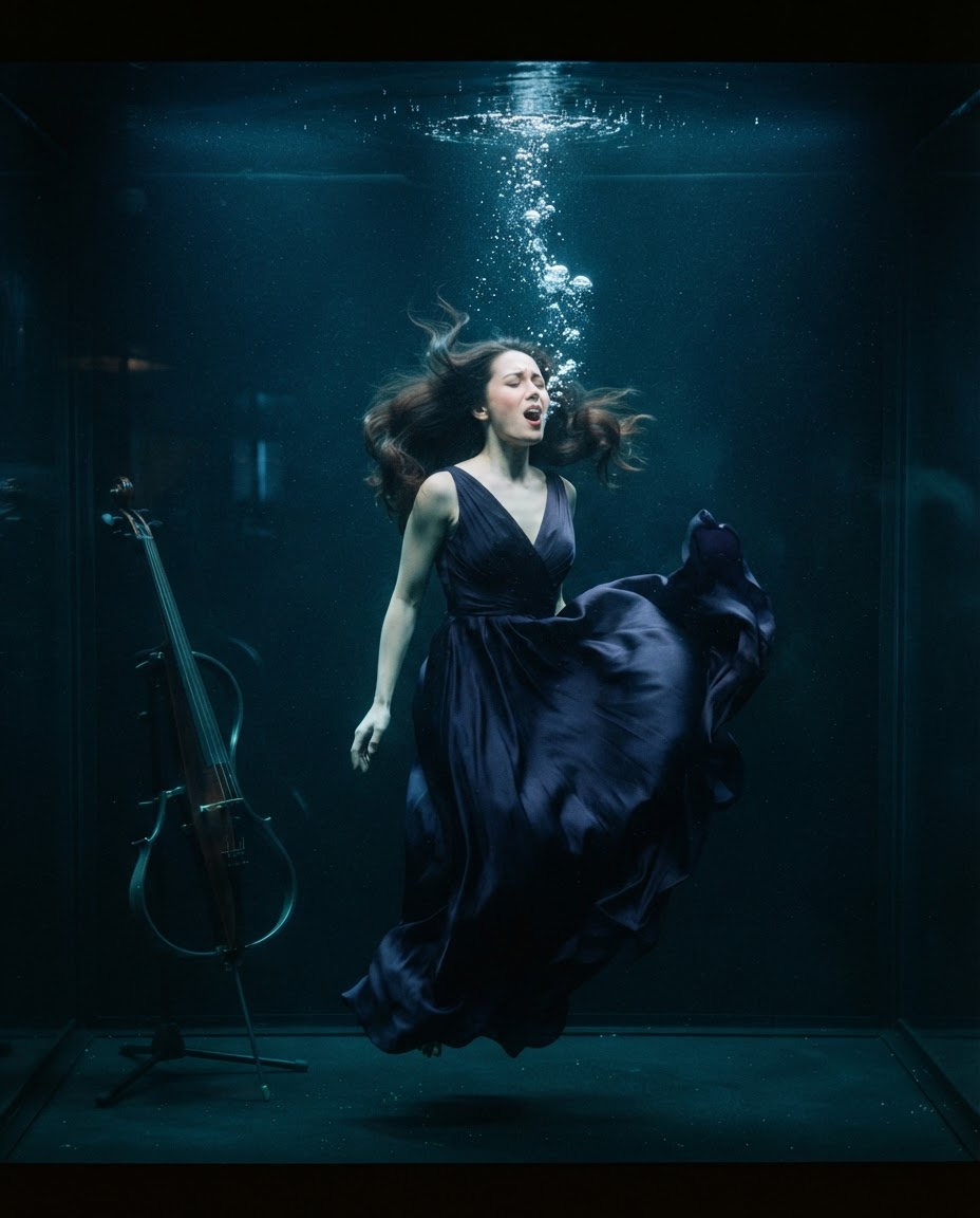 A vocalist performing submerged inside a glass water tank, hair suspended weightlessly, mid-note during an underwater concert