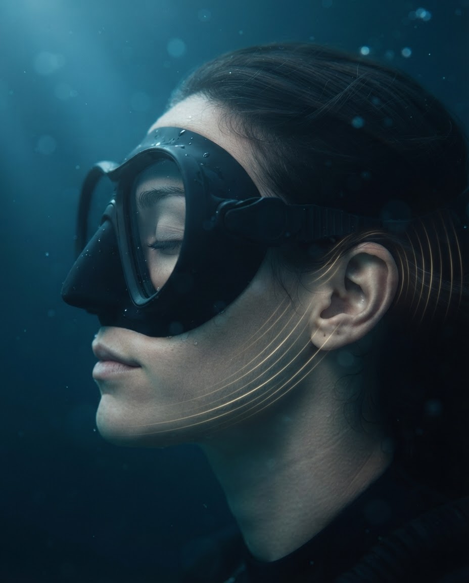 Close-up of a diver's head underwater with vibration lines illustrating bone conduction carrying sound through the skull