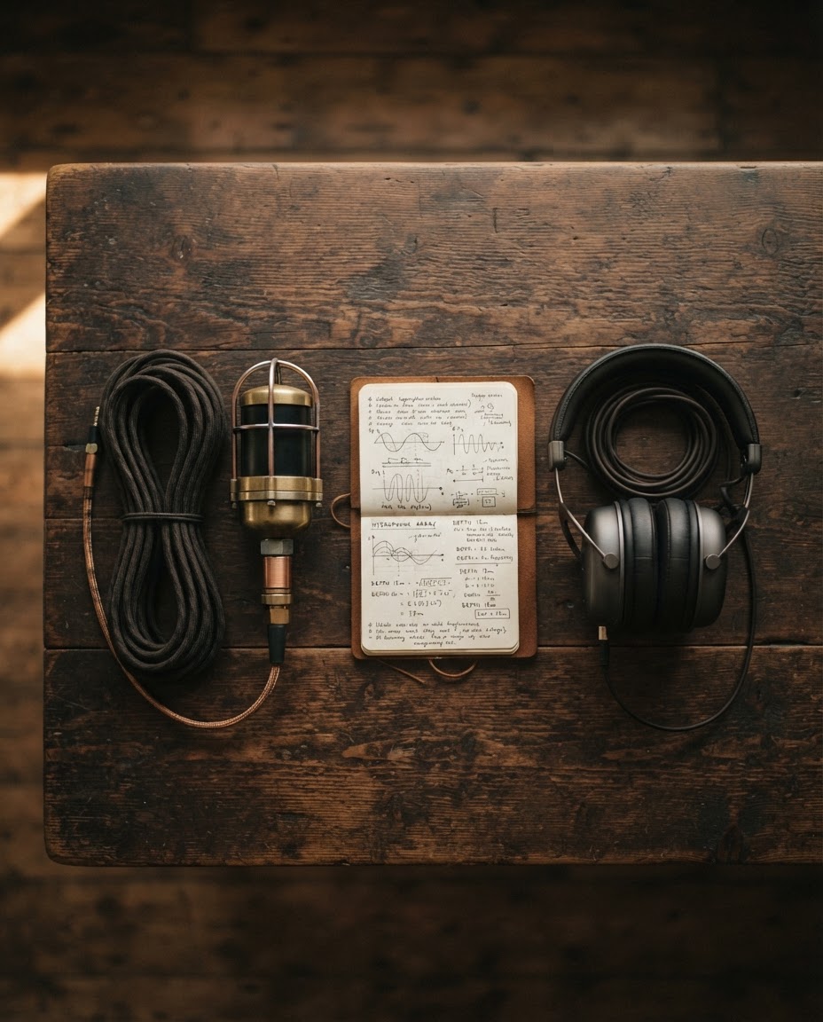 Flat lay of a hydrophone, cable, notebook, and headphones arranged as a sound-recordist's field kit