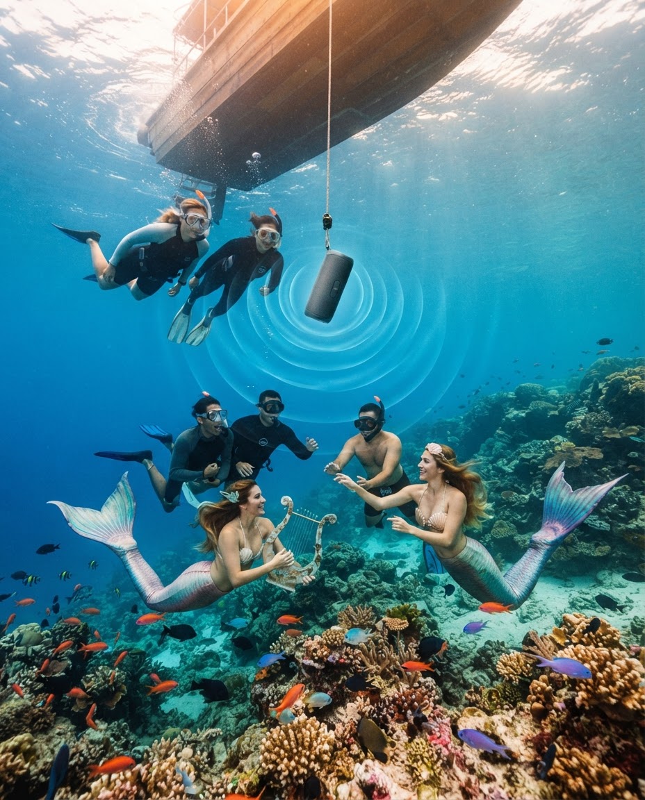 Snorkelers and costumed performers gathered near a reef beneath a suspended underwater speaker at a reef music festival