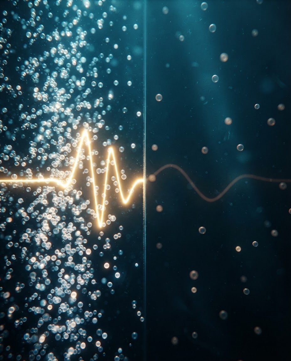 Conceptual split image contrasting densely packed water molecules with loosely spaced air molecules to show why sound travels faster underwater