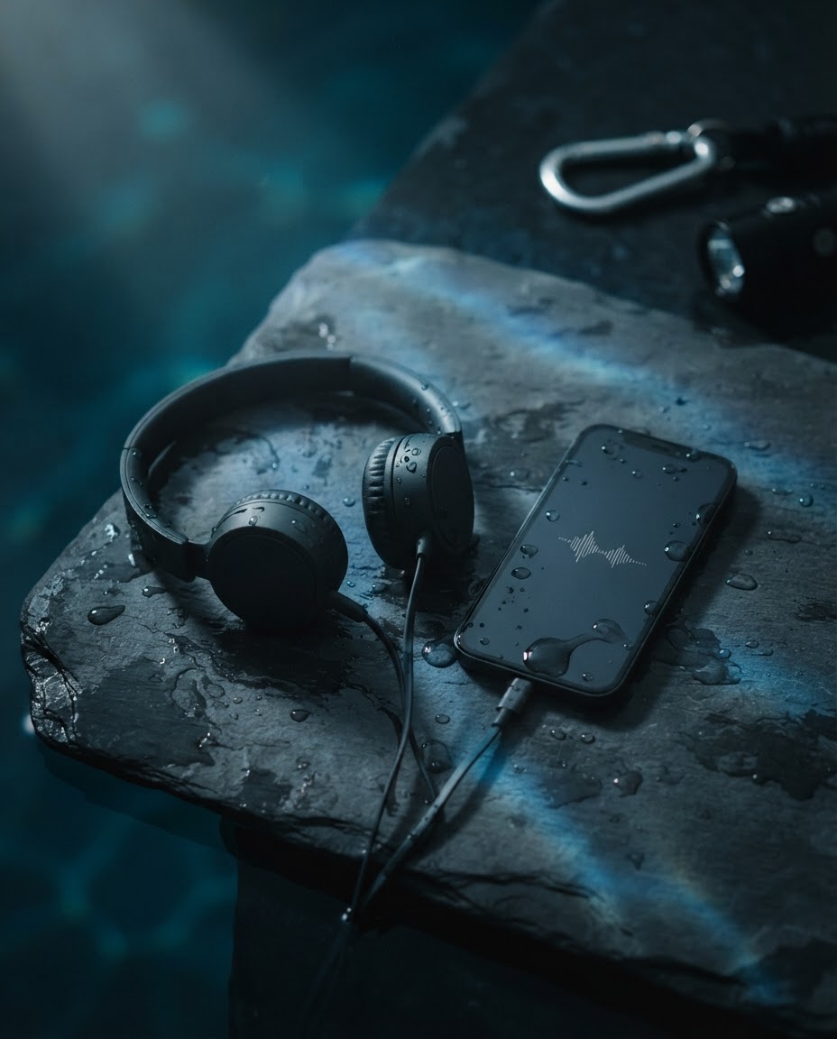 Flat lay of headphones and a phone showing a waveform, water droplets scattered across the surface, evoking a pre-dive listening ritual
