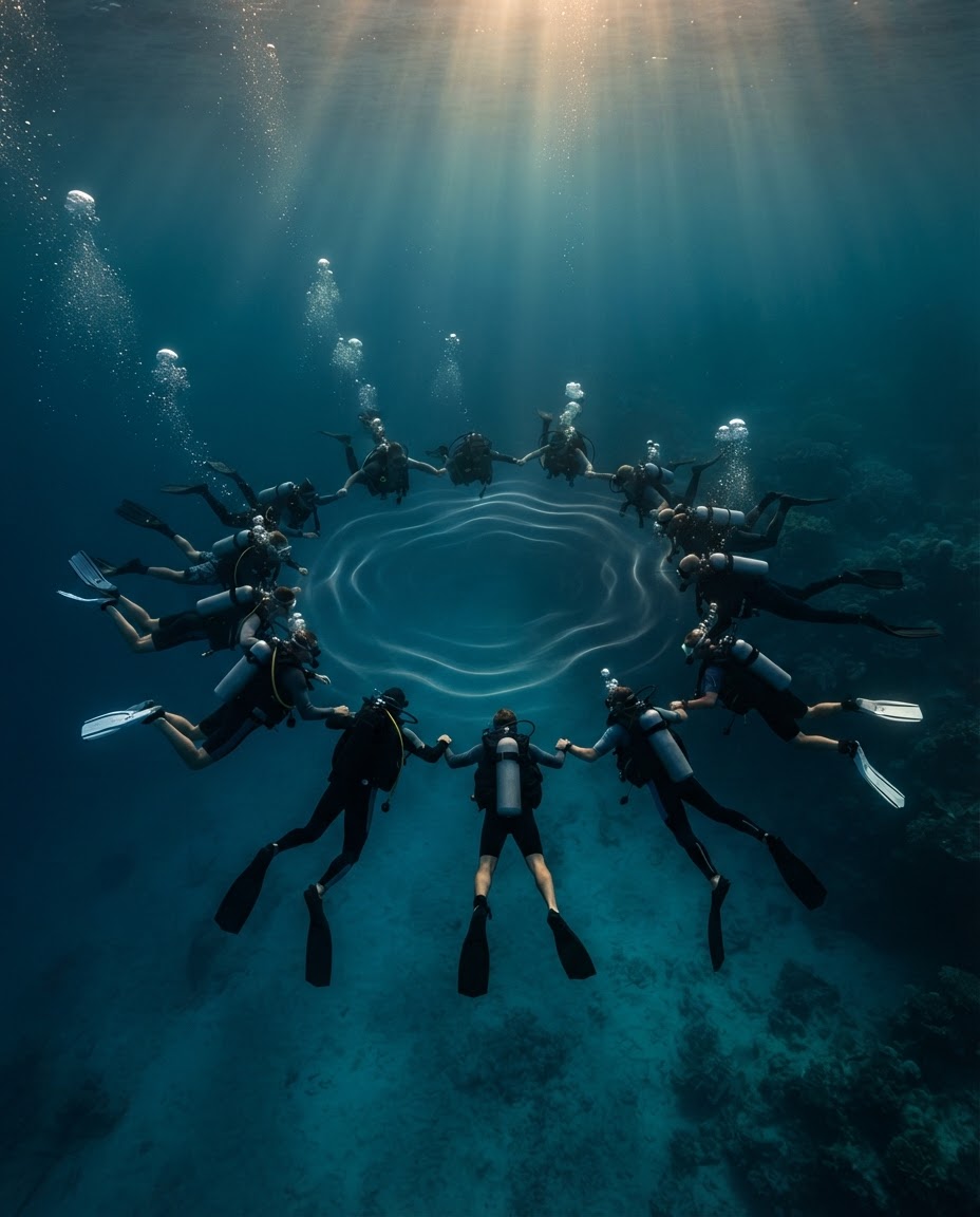 A circle of divers suspended together in clear tropical water with no visible stage, representing a shared 360-degree underwater concert