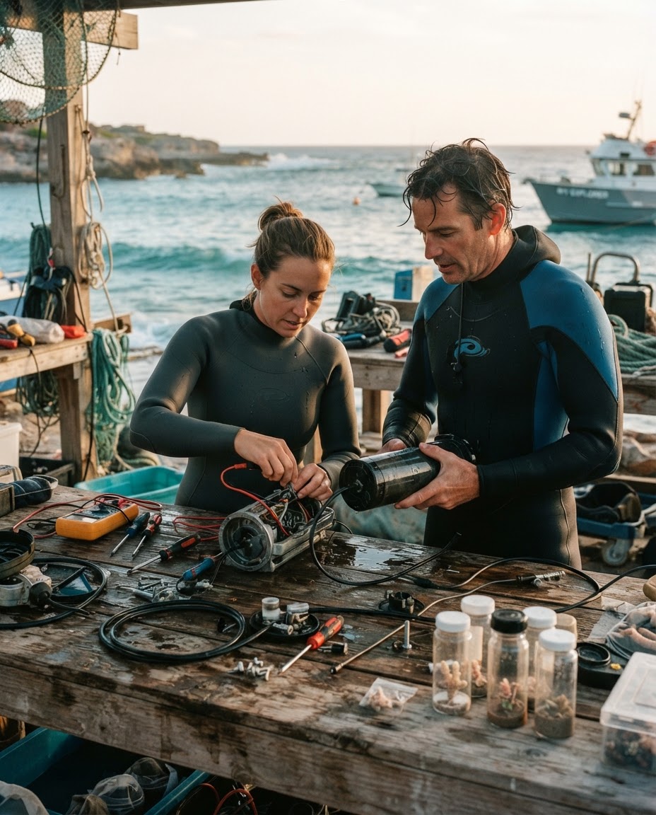 A marine engineer and diver examining underwater sound equipment and coral fragment samples on a dockside workbench
