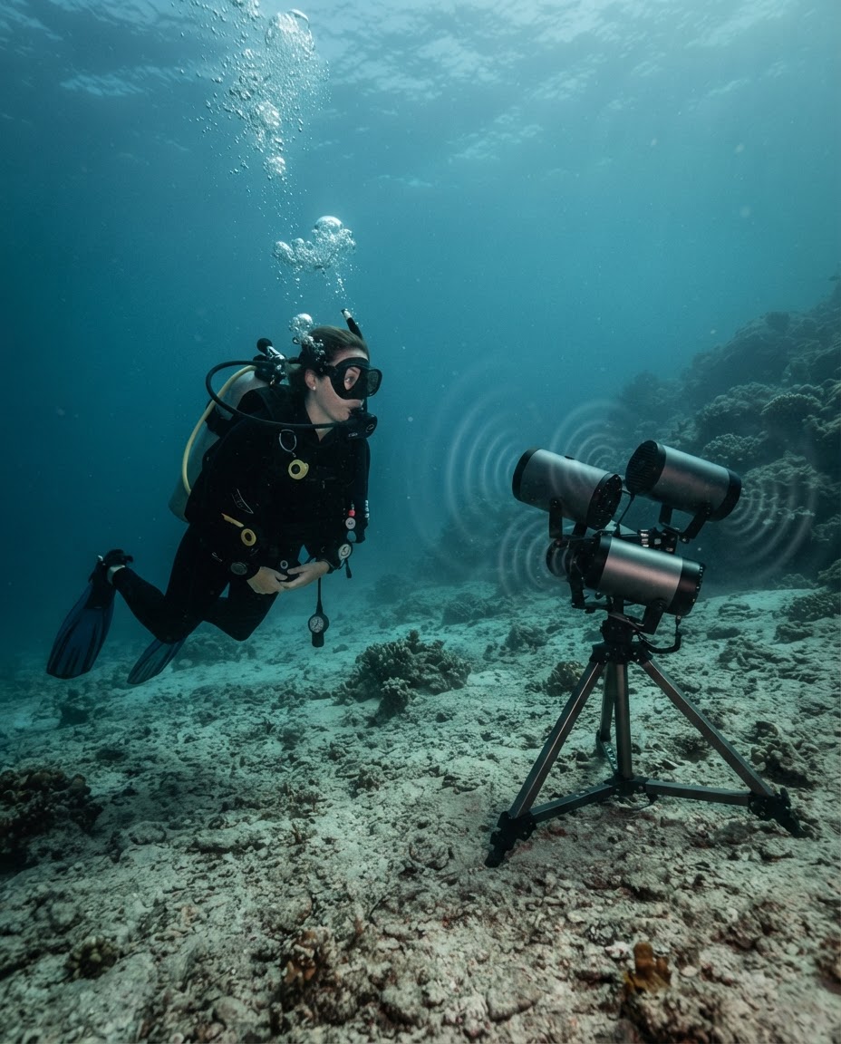 A diver in full scuba gear floating near underwater speaker installations in a calm lagoon, suggesting immersive underwater sound