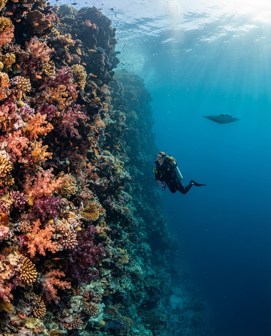 A scuba diver hovering beside a vast coral reef wall in the Maldives with a manta ray gliding in the distance