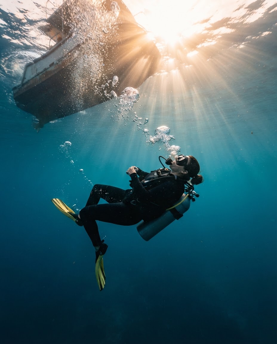 A lone scuba diver descending backward into deep blue water with sunbeams piercing the surface above