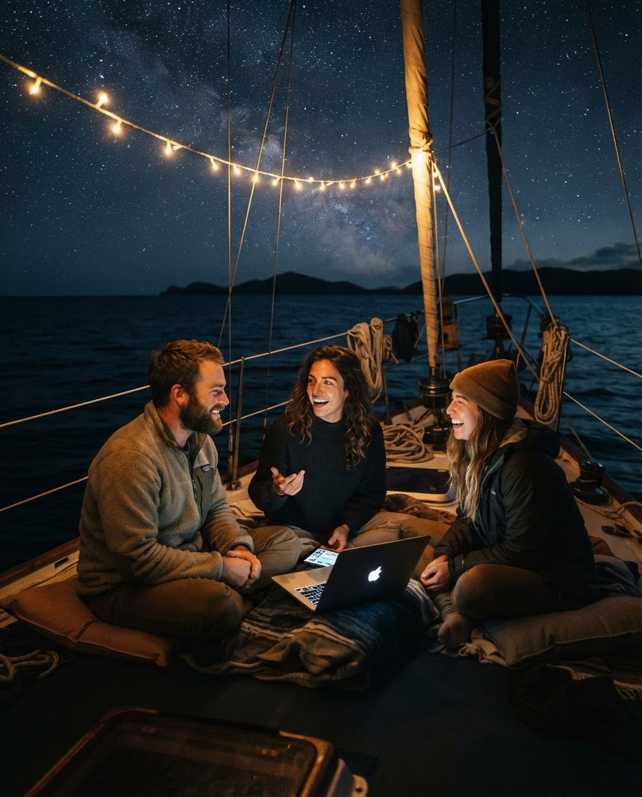 Three founders in deep conversation on the bow of a liveaboard at night under a starry sky