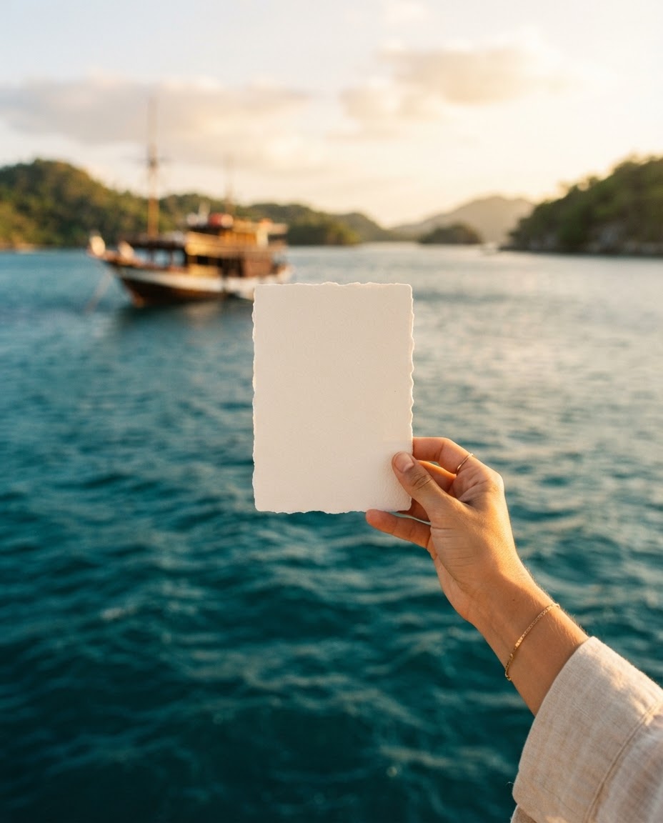 A hand holding a minimalist invitation card against a blurred backdrop of turquoise ocean