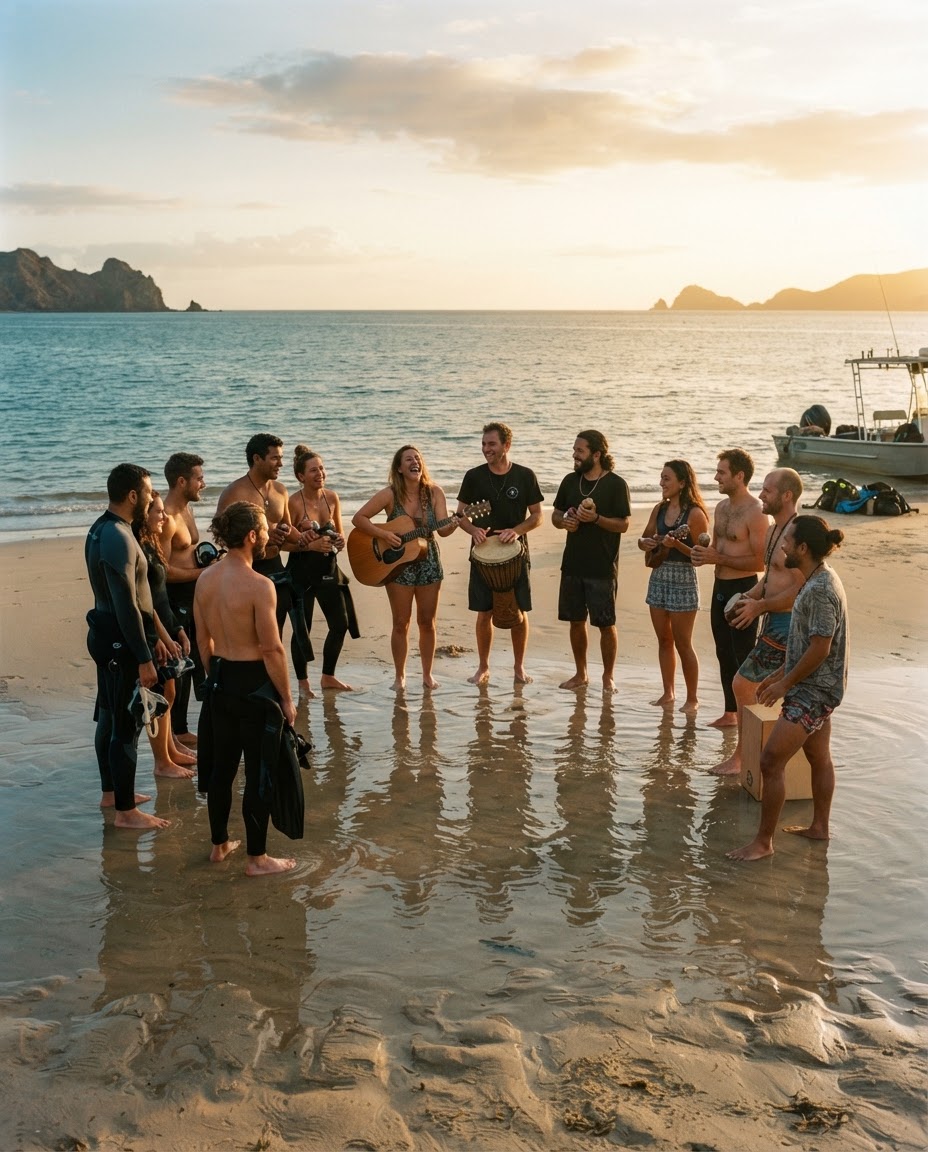A diverse group of divers and musicians gathered in a circle on a sandbank at golden hour