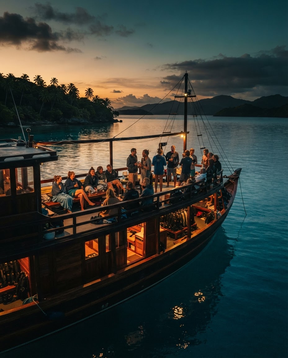 A small liveaboard dive boat with a dozen guests anchored alone near a remote Maldivian atoll at dusk
