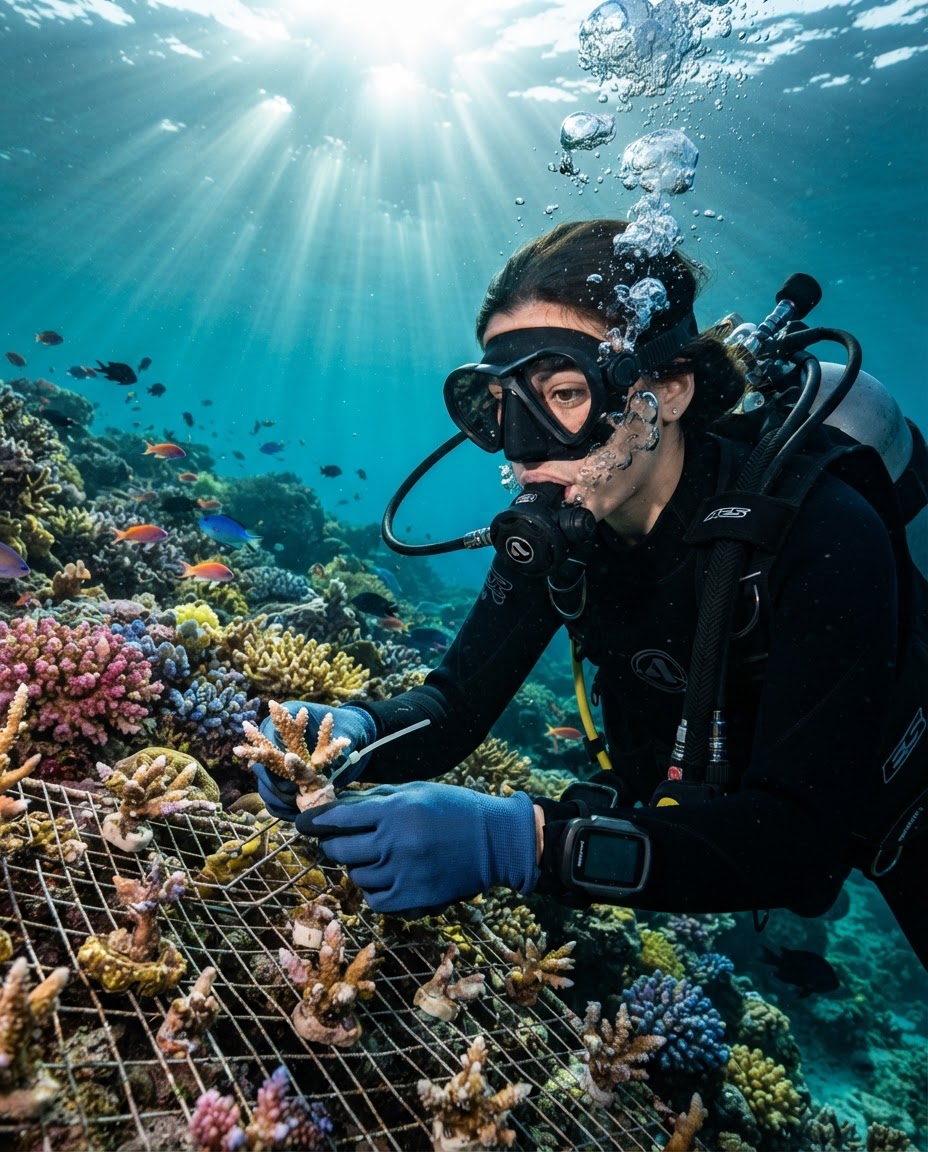 A scuba diver in full mask and regulator gently placing a coral fragment onto a restoration frame, looking at the camera