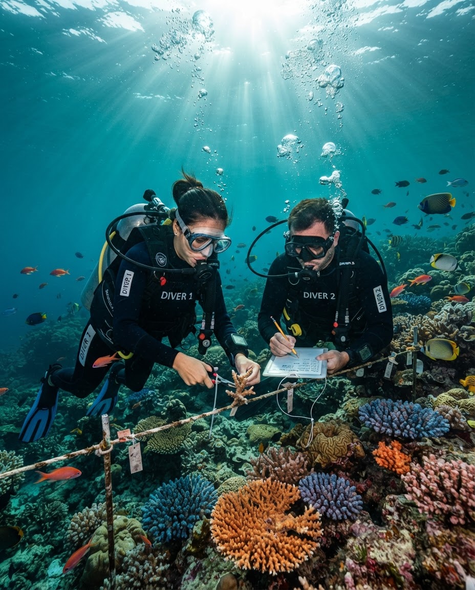 Two scuba divers in full gear working together to attach a coral fragment and record data on an underwater slate