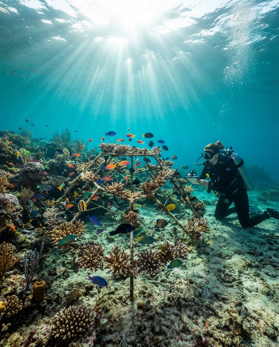 A modular coral restoration frame with coral fragments tied along its structure, a diver inspecting it nearby