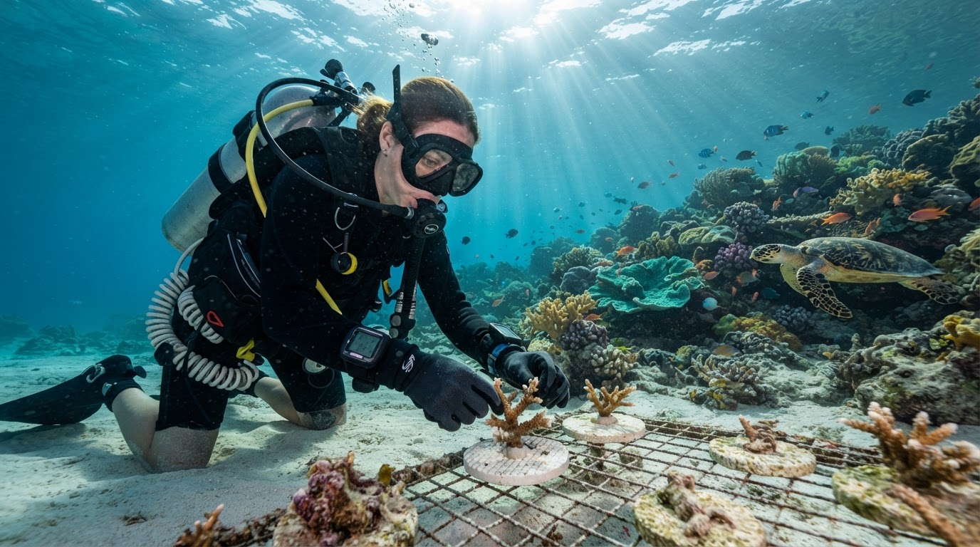 A scuba diver in full mask and regulator attaching a coral fragment to a restoration disk on the seafloor as a hawksbill turtle passes by
