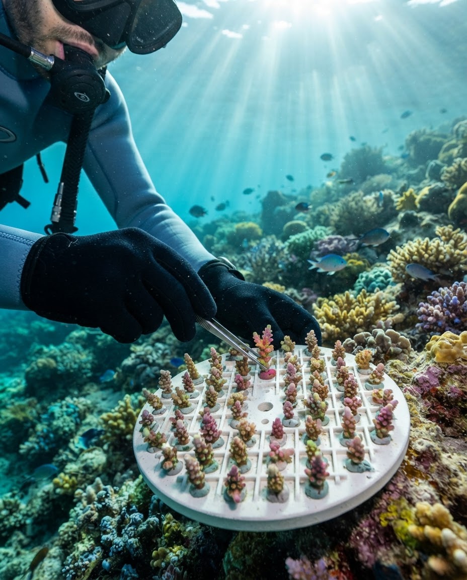 Tiny coral microfragments arranged in a grid pattern on a ceramic restoration disk underwater