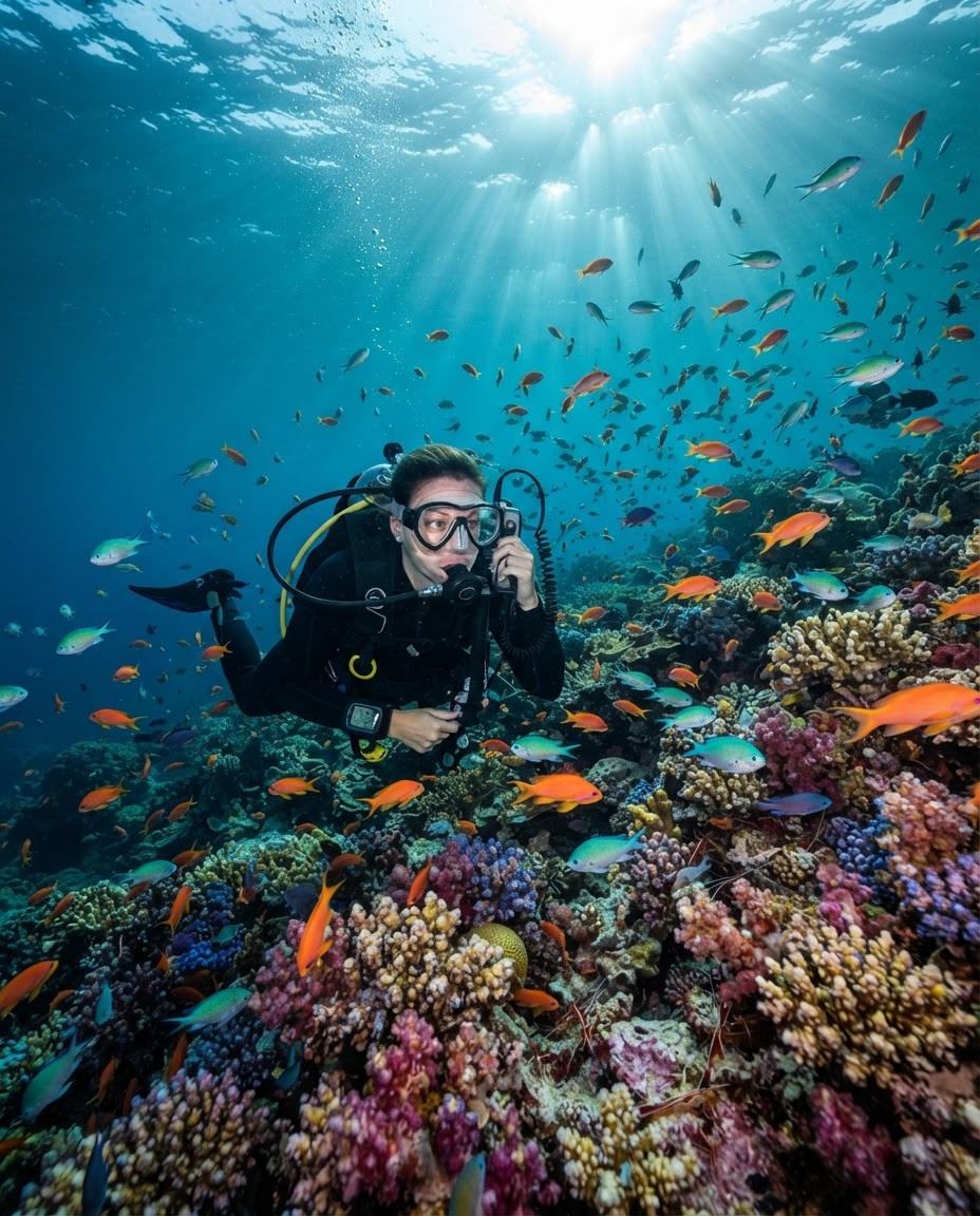 A diver holding a hydrophone near a densely populated, thriving coral reef full of fish and shrimp